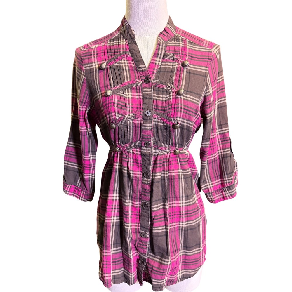 Love MKN Vtg Plaid Tunic Shirt XL Pink Brown Button Down Roll Tab Sleeves